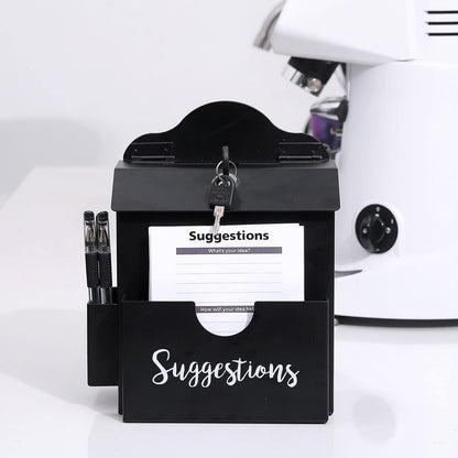 MyGift Classic Matte Black Metal Suggestion Box with Cursive Suggestions Lettering, Wall Mounted or Tabletop Comment Box with Lock, Keys, Paper Sheet and Pen Holder Slots