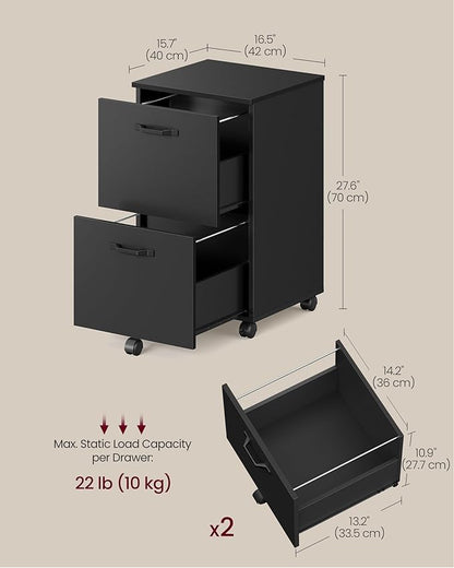 VASAGLE 2-Drawer File Cabinet, Small Rolling Filing Cabinet for Home Office, Printer Stand, for A4, Letter-Size Documents, 15.7 x 16.5 x 27.6 Inches, Matte Black UOFC040B16