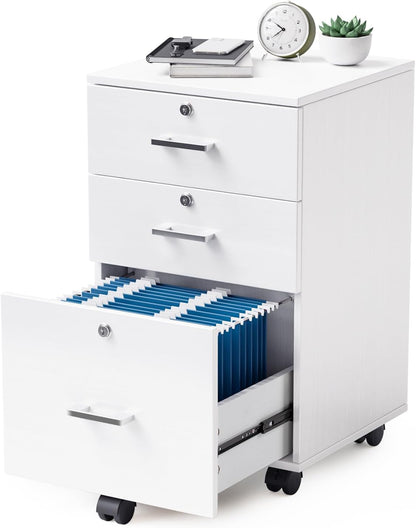 VINGLI 3-Drawer File Cabinet with Lock, Wood Rolling Filing Cabinets for Home Office, Mobile Printer Stand, Under Desk File Organizer for Letter Sized Files, 26" H(Caster Included), White