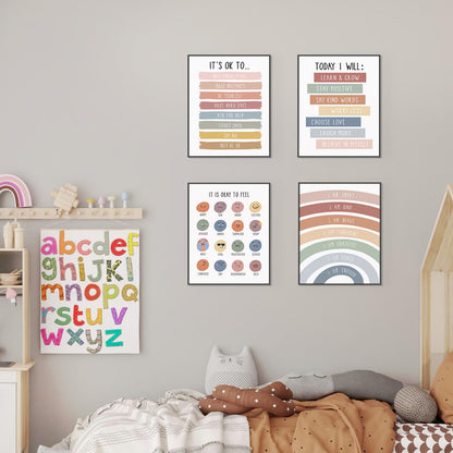 PLKMN Boho Rainbow Wall Art Set of 4, Inspirational Kindness Posters for Kids Room, Mental Health Decor for Nursery, Classroom, 8x10 Inch, Unframed