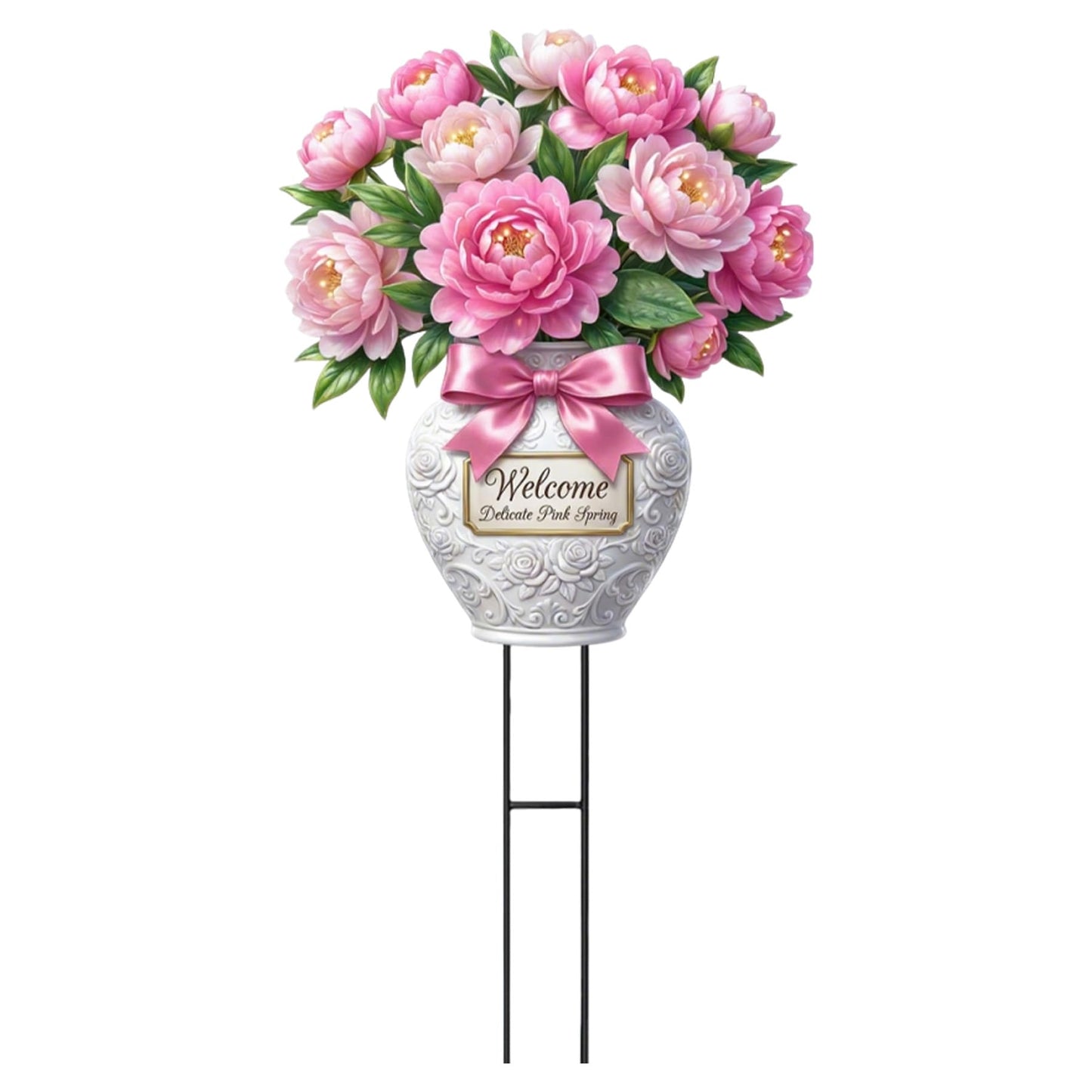 Tooyuart Pink Peony Flower Garden Stake, 20" Flat Metal Welcome Sign, Rustproof Metal Flower Vase Yard Art, Spring Yard Outdoor Decorations for Patio Lawn Garden