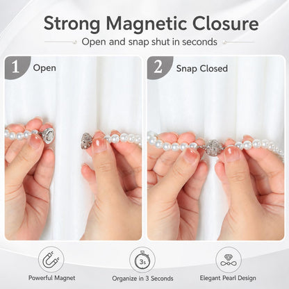 Pearl Bow Magnetic Curtain Tiebacks 2 Pack, No Drill Curtain Holdbacks with Strong Magnets, Decorative Pearl Curtain Holders for Living Room Bedroom Home Decor