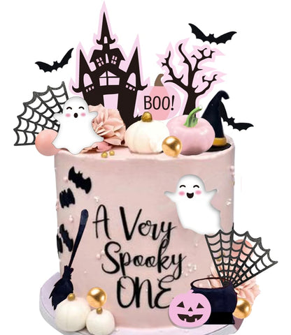 Pink Pumpkin Cake Topper - Boo Spooky Witch Ghost Flower Toppers for Halloween Birthday Baby Shower Party Supplies