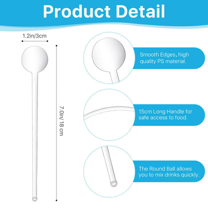 Aemygo 200 Pcs Cocktail Swizzle Sticks, 7.3inch Clear Coffee Stirrers Disposible Plastic Swizzle Sticks for Drink Black Disc Top Drinks Mixing Rod for Coffee Whiskey Beverage