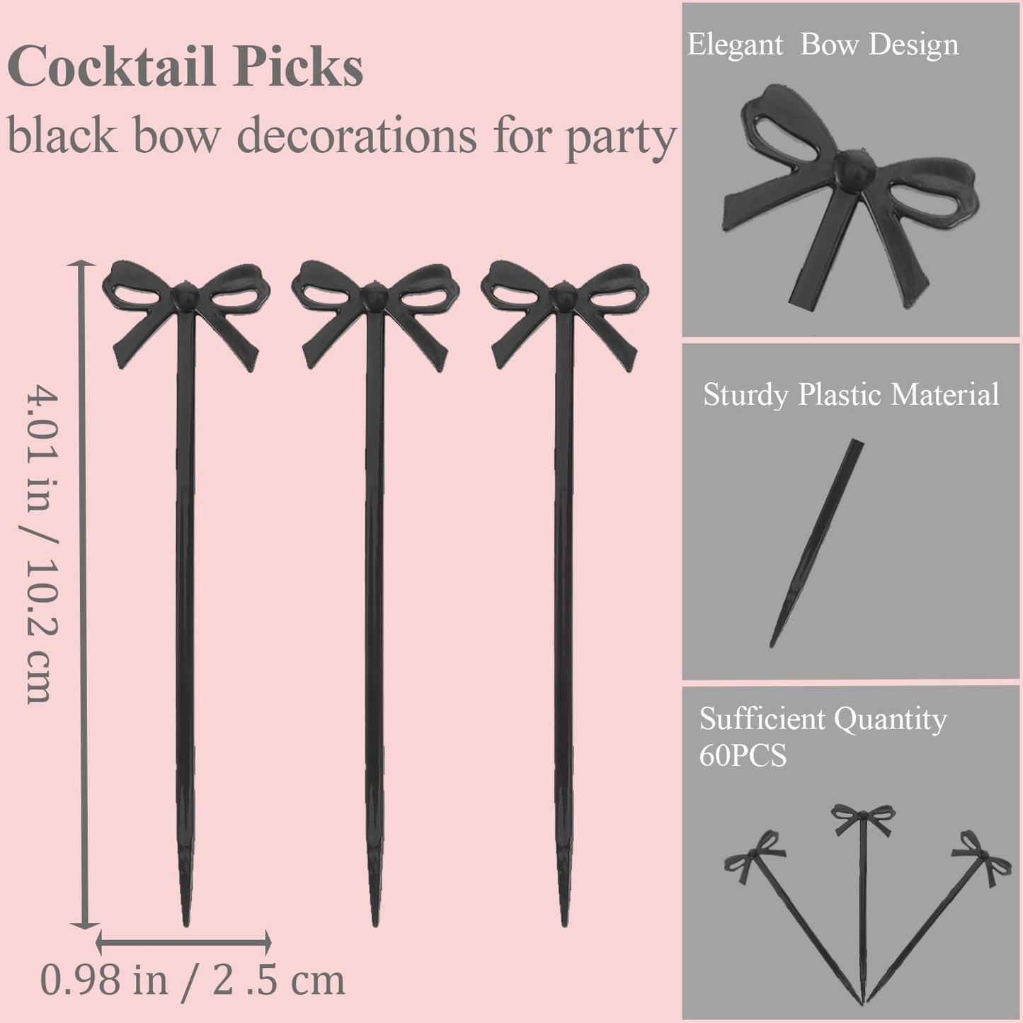 100pcs Black Bow Cocktail Picks,Plastic Bow Decor Fruit Fork Bow Drink Stirrers Black Bow Cupcake Toppers Party Food Sticks Toothpick Dessert Picks Decorative Skewers for Appetizers Party