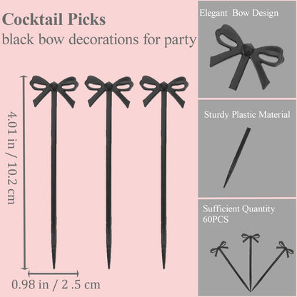100pcs Black Bow Cocktail Picks,Plastic Bow Decor Fruit Fork Bow Drink Stirrers Black Bow Cupcake Toppers Party Food Sticks Toothpick Dessert Picks Decorative Skewers for Appetizers Party