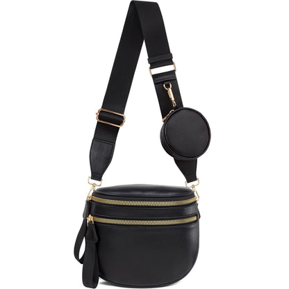 Valentoria Fashionable Womens Leather Waist Bag Crossbody Bag Detachable Wallet Adjustable Shoulder Strap (Black)