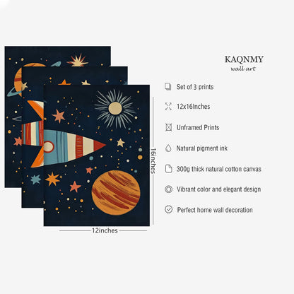 Nursery Wall Art Space Wall Art Set Of 3 Solar System Stars Poster Adventure Space Adventure Travel Posters Prints Rocketship Picture for Boys Girls Kids Children's Bedroom Playroom 12x16Inch UnFramed