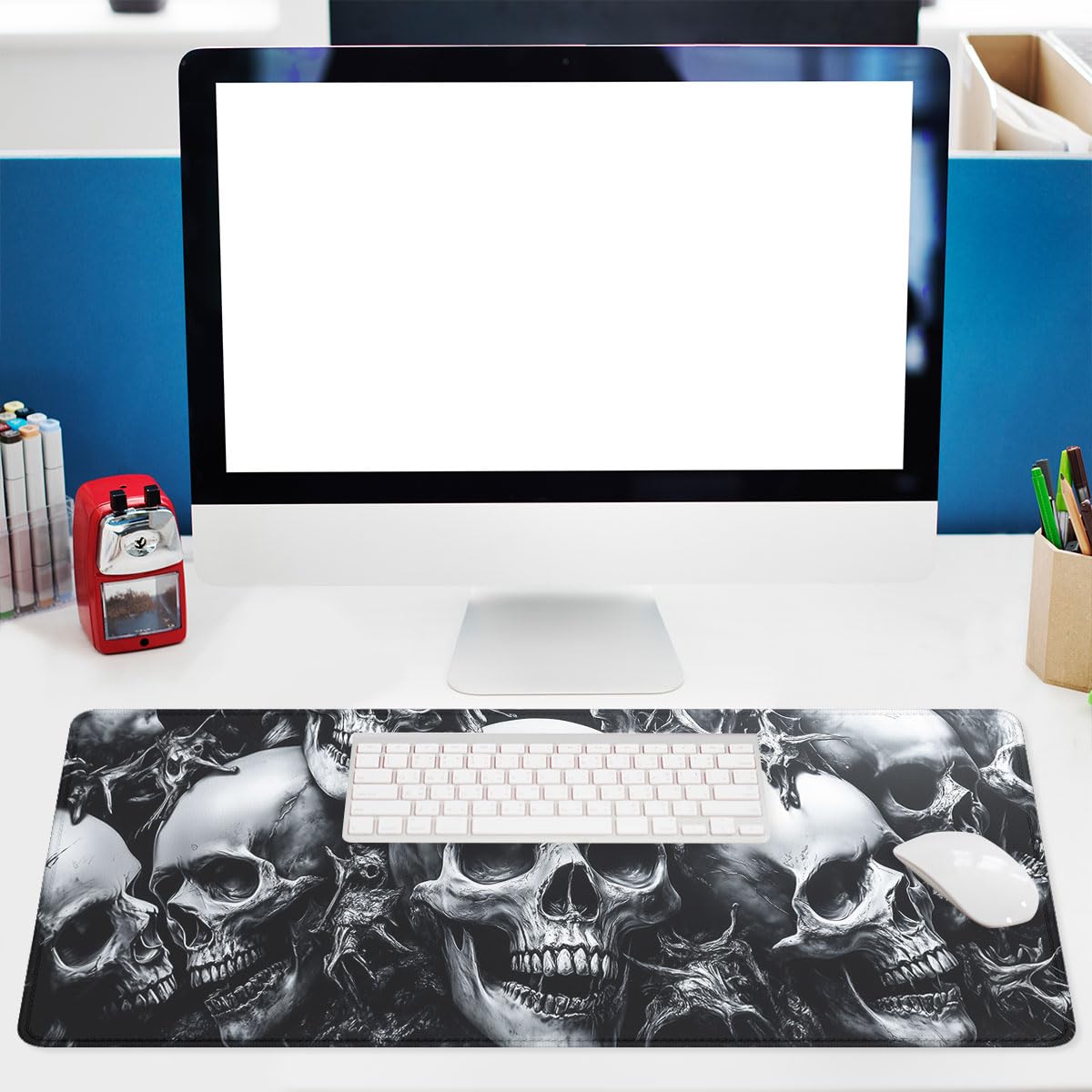 Skull Mouse Pad, Gothic Dark Horror Skeleton Art Halloween Gaming Desk Mat Extended Laptop Keyboard Non-Slip Rubber Base with Stitched Edges for Home, 31.5x11.8in Desk Home Office Gaming
