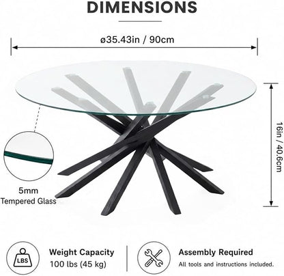 Round Glass Coffee Table-Mid Century Modern Solid Wood Coffee Table | Unique Glass Top&Solid Wood Mortise Interlocking Starburst Legs Design for Living Room,Office,Hotel Lobby