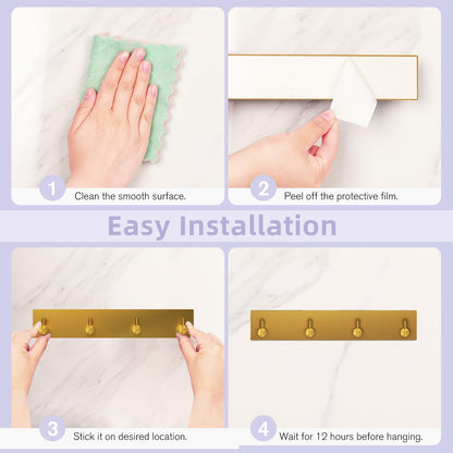 VIS'V Key Holder Wall Mount, Large Adhesive Key Hanger with 4 Hooks, Gold
