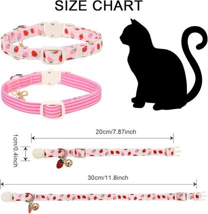 2 Pack Pink Cat Collars - Spring Summer Strawberry Breakaway Cat Collar with Bell, Adjustable Cute Pink Striped Kitten Collars for Girl Cats, 7-12 Inch
