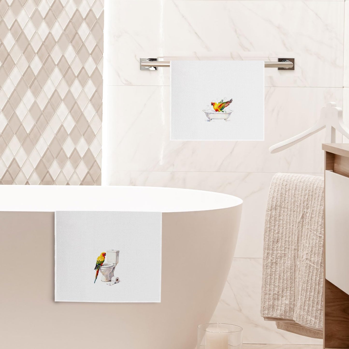 XIVENHAVM Funny Bird Bathroom Decor Set - Parrot Gifts Decorative Waffle Hand Towels for Bathroom Decor, Bird Lover Gifts Hand Towels, 16x24 Inch Set of 2