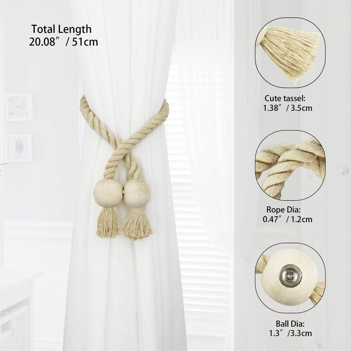 Nieffeiy 6 Pack Magnetic Curtain Tiebacks Cotton Hand Woven Tie Back Decorative Rope Holdbacks for Curtains Draperies No Tools Required, Dark Beige