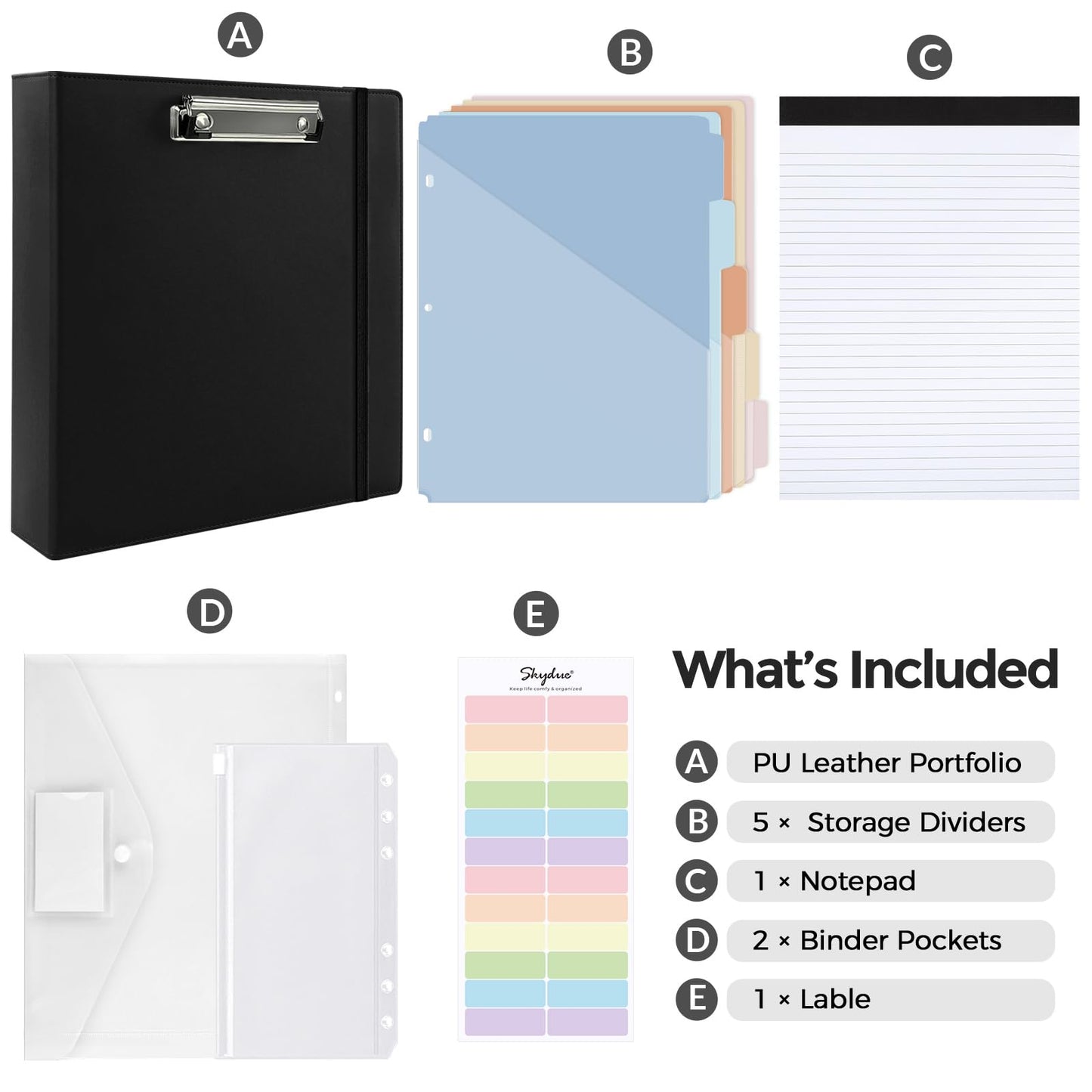 SKYDUE 3 Ring Binder with Clipboard, 2 Inch PU Heavy Duty Binder with Notepad & 5 Dividers with 5 Pockets, Labels, Clipboard Folder Great for School Office(Fit Letter Sized Paper)