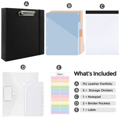 SKYDUE 3 Ring Binder with Clipboard, 2 Inch PU Heavy Duty Binder with Notepad & 5 Dividers with 5 Pockets, Labels, Clipboard Folder Great for School Office(Fit Letter Sized Paper)