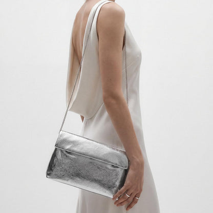 MXCMXC Women's Evening Clutch Bag Metallic Crinkled Leather Clutch Purse, Fold-over Handbag Envelope Purse with Hidden Magnetic (Silver)
