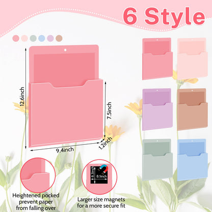 Fuutreo 6 Pcs Magnetic Wall File Organizer Magnetic Wall File Holder Refrigerator Magazine Holder for Mail Letters Paper(Aesthetic Color,Vertical-large)