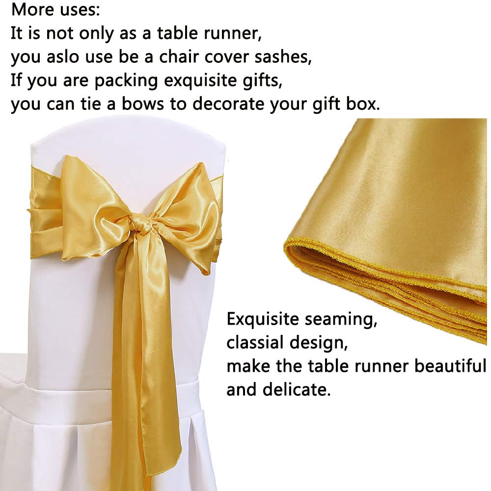 Set of 5 Satin Table Runners Gold 12x108 inch Table Runner for Party Wedding Reception Banquet Decoration Bright Silk Smooth Fabric Party Chair Sashes