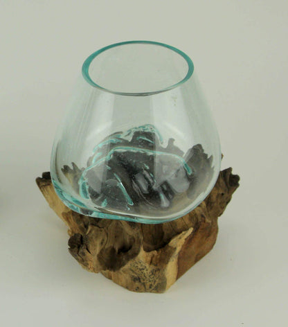 Clear Molten Glass On Teak Driftwood Base Decorative Bowl Vase Terrarium Planter