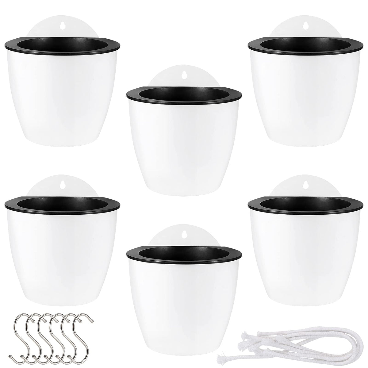 MOUYAT 6 Pcs Plastic Self Watering Hanging Planters, 7 Inch White Wall Mounted Flower Pots with Hooks and Cotton Ropes, Lazy Flower Pots for Outdoor Indoor Plants