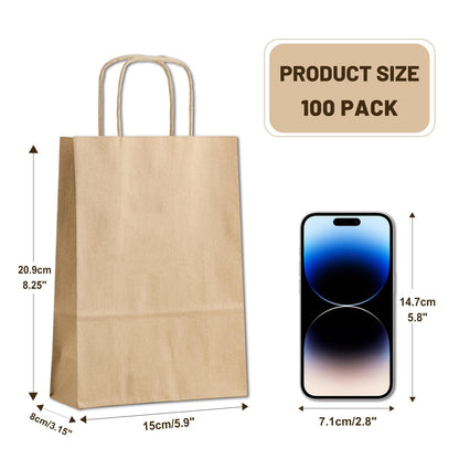 LIHOMR Gift Bags 8.25" X5.9 X3.15 100pcs Brown Kraft Paper Bag with Handles for Small Business Christmas Bulk, Wedding, Party Favor, Shopping, Lunch, Halloween Trick-or-Treat Bags