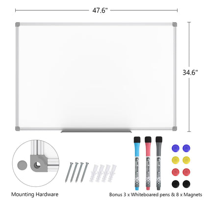 Lockways White Board Dry Erase Board 48 x 36 Inch, Magnetic Whiteboard 4 x 3, Silver Aluminium Frame, Set Including 1 Detachable Aluminum Marker Tray, 3 Dry Erase Markers, 8 Magnets