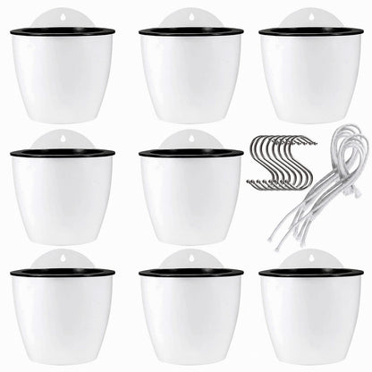 JAPCHET 8 Pack 7 Inch Self Watering Hanging Planters, Wall Hanging Plastic Planter Pot with 8 Hooks, Lazy Flower Pots for Indoor Outdoor Window Wall Plants, White