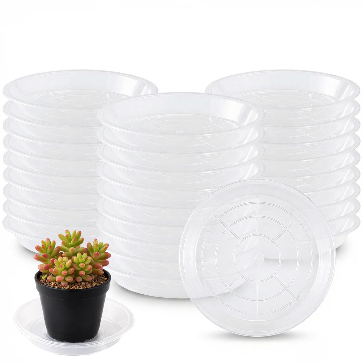 Tulpeed 50 Pack Clear Plant Saucer 4.7 Inches Plant Trays for Pots Plastic Round Drip Trays Flower Pot Saucers Black Planter Water Tray Plant Drainage Tray