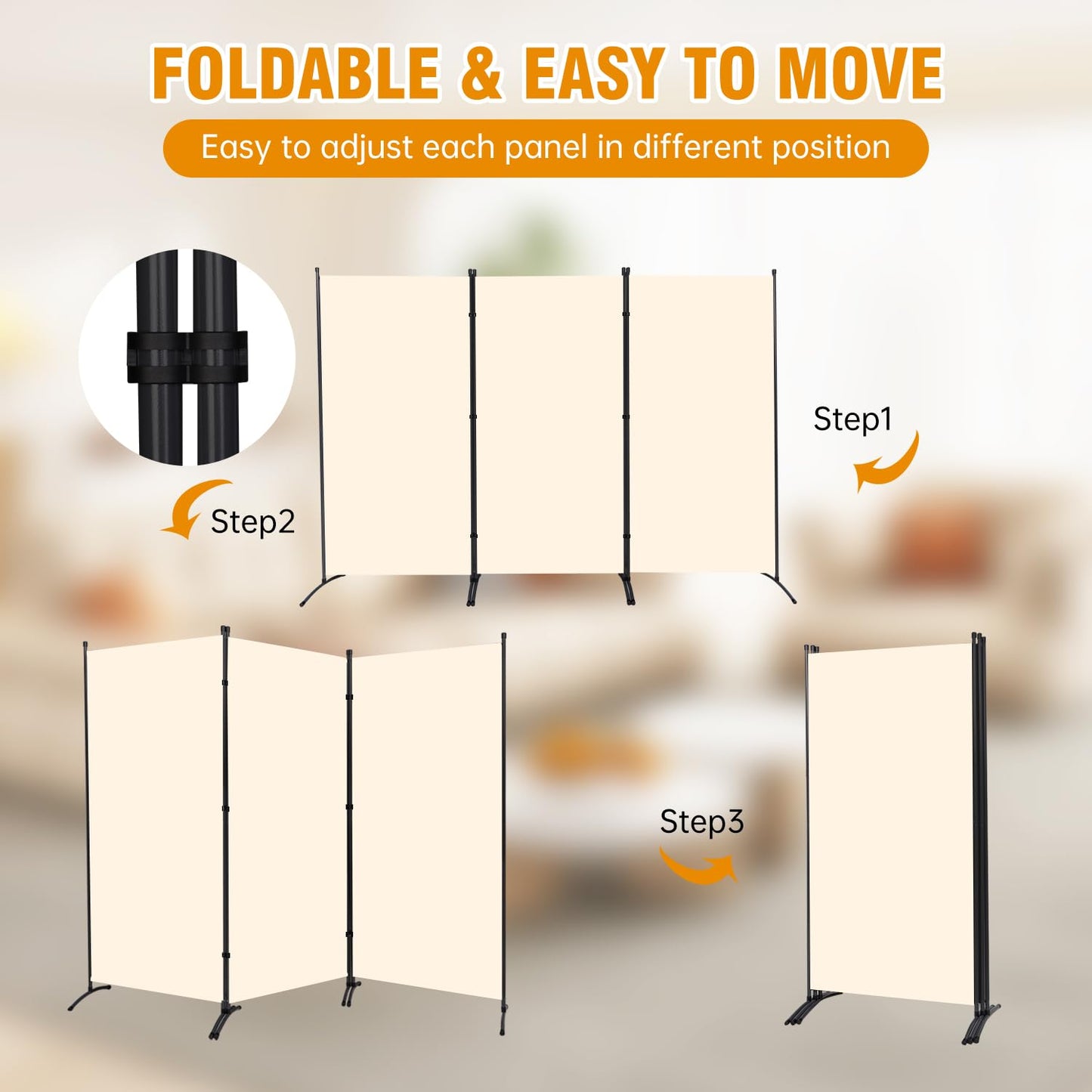 3 Panel Folding Privacy Screens, Portable Room Divider Panel, 6Ft Beige