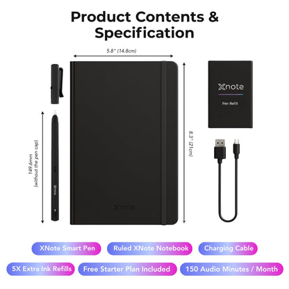 XNote Smart Pen & Notebook Starter Set – AI-Powered Digital Note Taking, Real Paper Writing Syncs to App, Bluetooth Smart Notebook, 17-Hr Battery, Official Bundle with 5 Ink Refills