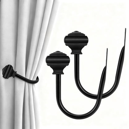 2 Pack Black Curtain Tiebacks, USFOOK Decorative Window Drapery Holdbacks (2 Pack/1 Pair), Curtain Hooks for Drapes with Square Finials (3.45" L x 5.35" W)