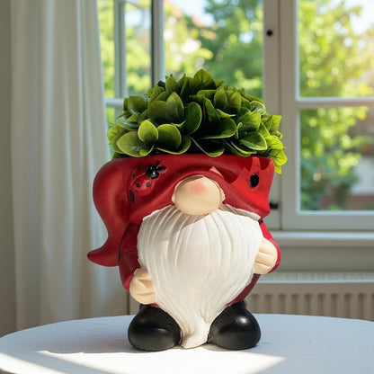 Unique Gnome Planter Pot, Cute Ceramic Gnome Flower Succulent Pot for Indoor Outdoor Plants Home Garden Spring Summer Christmas Decoration (Red)