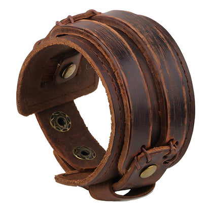 CALFOVERA Brown Punk Genuine Leather Wrap Wristband Gothic Wide Cowhide Leather Cuff Bracelet Adjustable Handmad Bangle Arm Armor with Snap Button Clasp for Men Women Halloween Costume Party