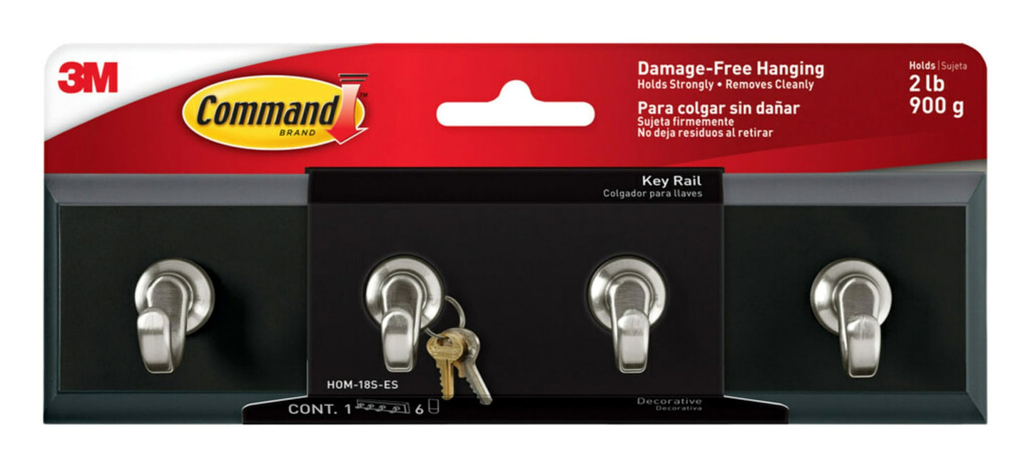 3M Command HOM18SES Decorative Key Rail, 8w x 1 1/2d x 2 1/8h, Black/Silver, 4 Hooks/Pack