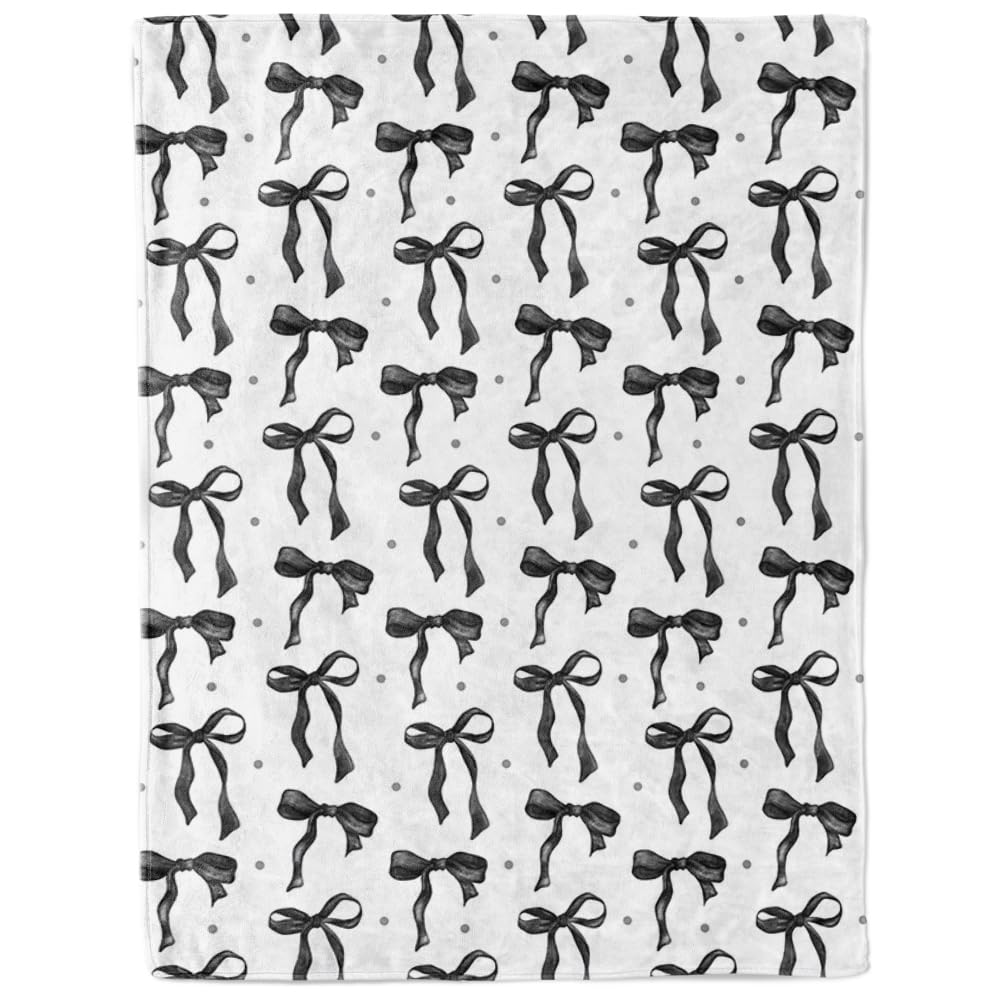 Reateforin Black and White Bows Throw Blankets Black Bow Preppy Blanket Coquette Flannel Soft Cute Bow Aesthetic Classroom Room Decor for Sofa Couch Travel Bed Christmas Halloween Decoration 30"x40"