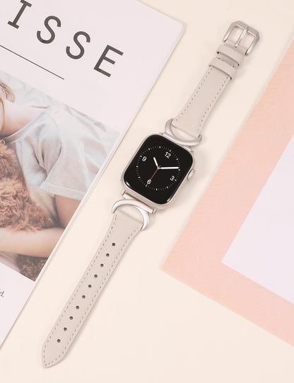Minyee Leather Band Compatible with Apple Watch Bands 41mm 40mm 38mm 44mm 45mm 42mm 49mm Women, Slim Thin Dressy Designer Strap with C-Shape Metal Buckle for iWatch Ultra 2, Series