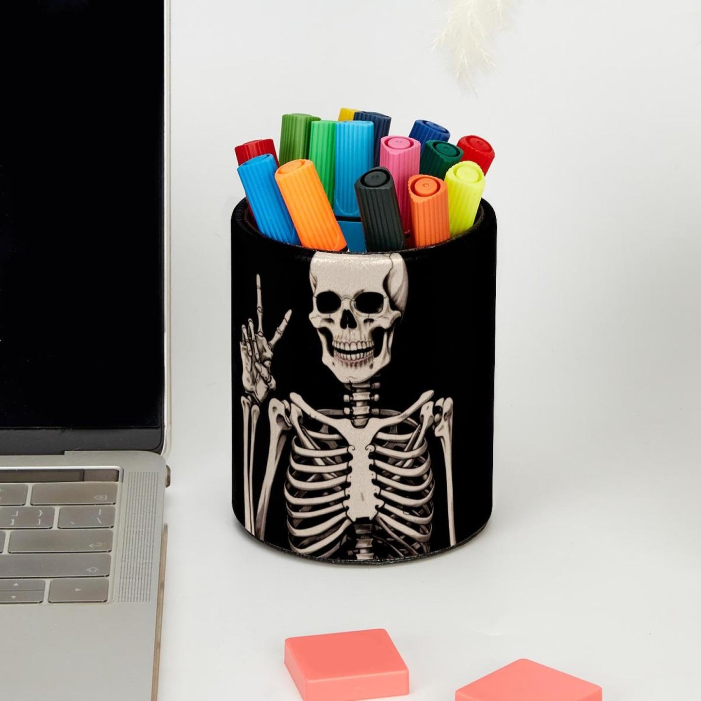 KikandKo Pen Holder For Your Desk, Leather Pencil Holder Easily Organizes All Pens and Desk Accessories, Human Skeleton Pen Cup For Your Office Decor