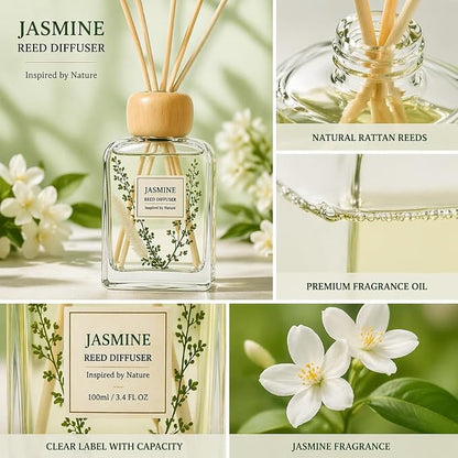 Jasmine Reed Diffuser Set, Floral Home Fragrance for Bedroom & Bathroom, Long Lasting Essential Oil Diffuser Sticks, Relaxing Fresh Scent, Stress Relief, 3.4 FL OZ