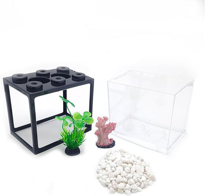 0.25 Gal Black Desktop Aquarium Kit with Aquarium Gravel & Resin Decorations, Cube Mini Fish Tank, Stackable Desktop Fishbowl for Sea Monkeys & Aquarium Landscape Enthusiasts