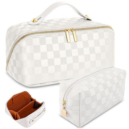 Checkered Travel Makeup Bags Cosmetic Organizer Bag: 2-Set Large Capacity Waterproof Makeup Bag - PU Leather Toiletry Bag for Women - Wide Open Portable Pouch with Handle and Divider (WHITE)