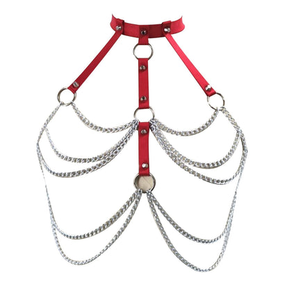 Adjustable Gothic Chest Chain for Women, Punk Faux Leather Body Chain Harness Waist Belt, Alternative Body Waist Chain Belly Bra Body Chain for Women (Red Chest Band)