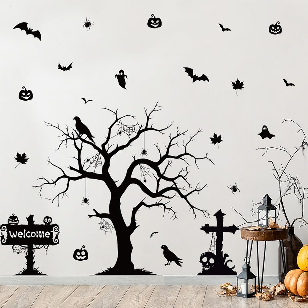 Halloween Spooky Wall Decals Black Tree Branch Wall Sticker Gothic Crow Bats Spider Horror Pumpkin Wall Decor Black Skull Halloween Festival Decoration for Holiday Home Party Classroom Office