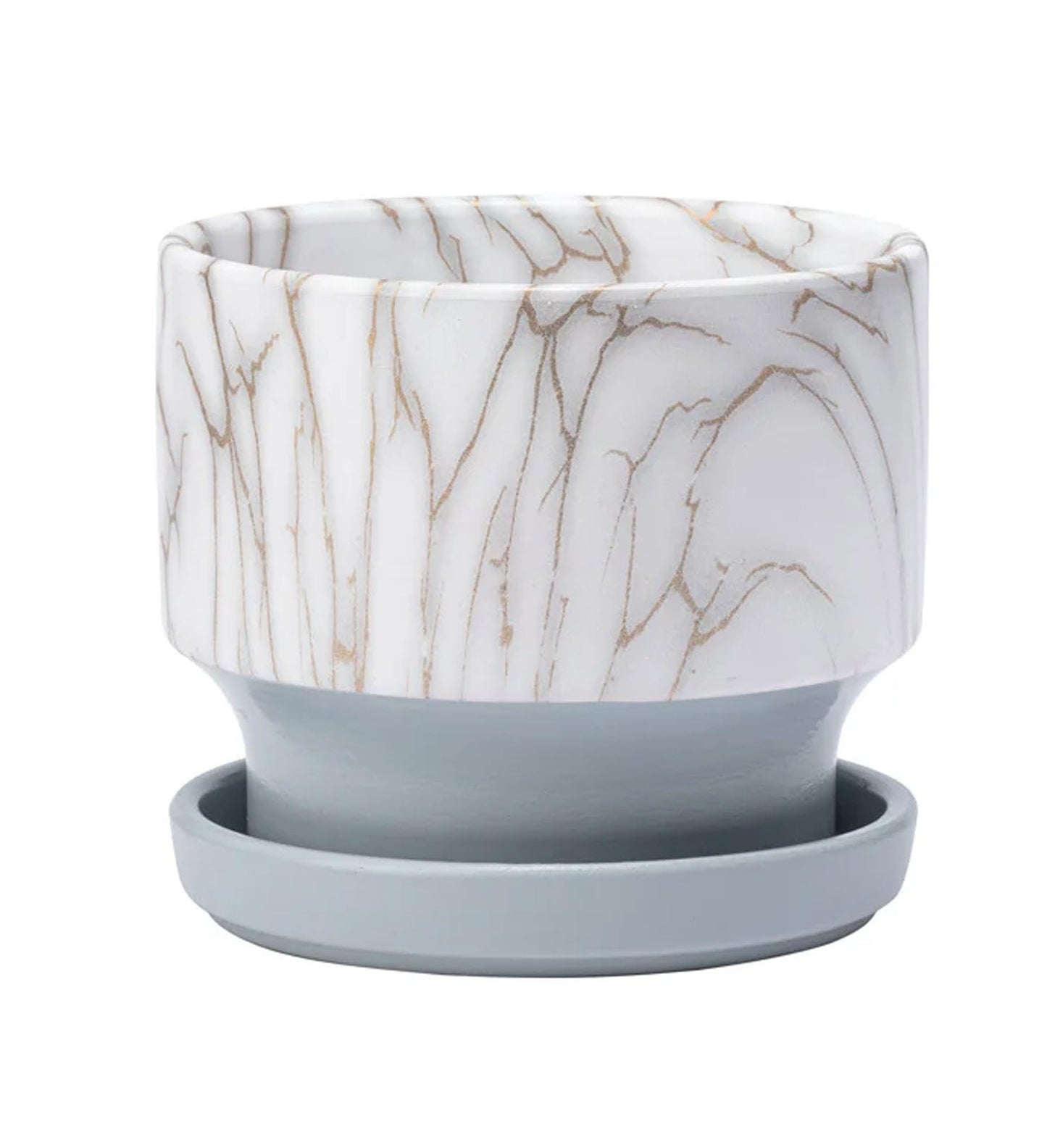 Napco White Gold Faux Marbled Pattern 5.25 x 5.25 x 4.5 inches Grey Ceramic Flower Succulent Plant Pot Planter Container Holder with Saucer Tray, Indoor Outdoor Garden Décor