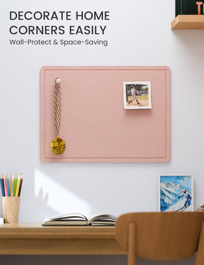 Fluxynara Bulletin Board, 23.6" x 17.5" Cork Board Alternative with 12 Safe Removable Adhesive Tabs, Foldable Felt Pin Board for Home Office, Classroom, Bedroom,Entryway for Walls—Pink