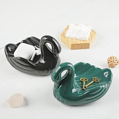 Draining Soap Dish, Elegant Swan Shape, Fluted Design, Cute Ceramic Tray(Black)