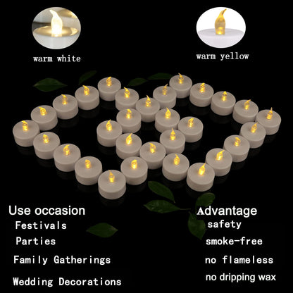JUNPEI 50Pack Battery Tea Lights Candles- LED Tea Lights Realistic Bright Flickering Holiday Gift Operated Flameless LED Tea Light for Seasonal & Festival Celebration Warm Yellow Lamp Battery Powered