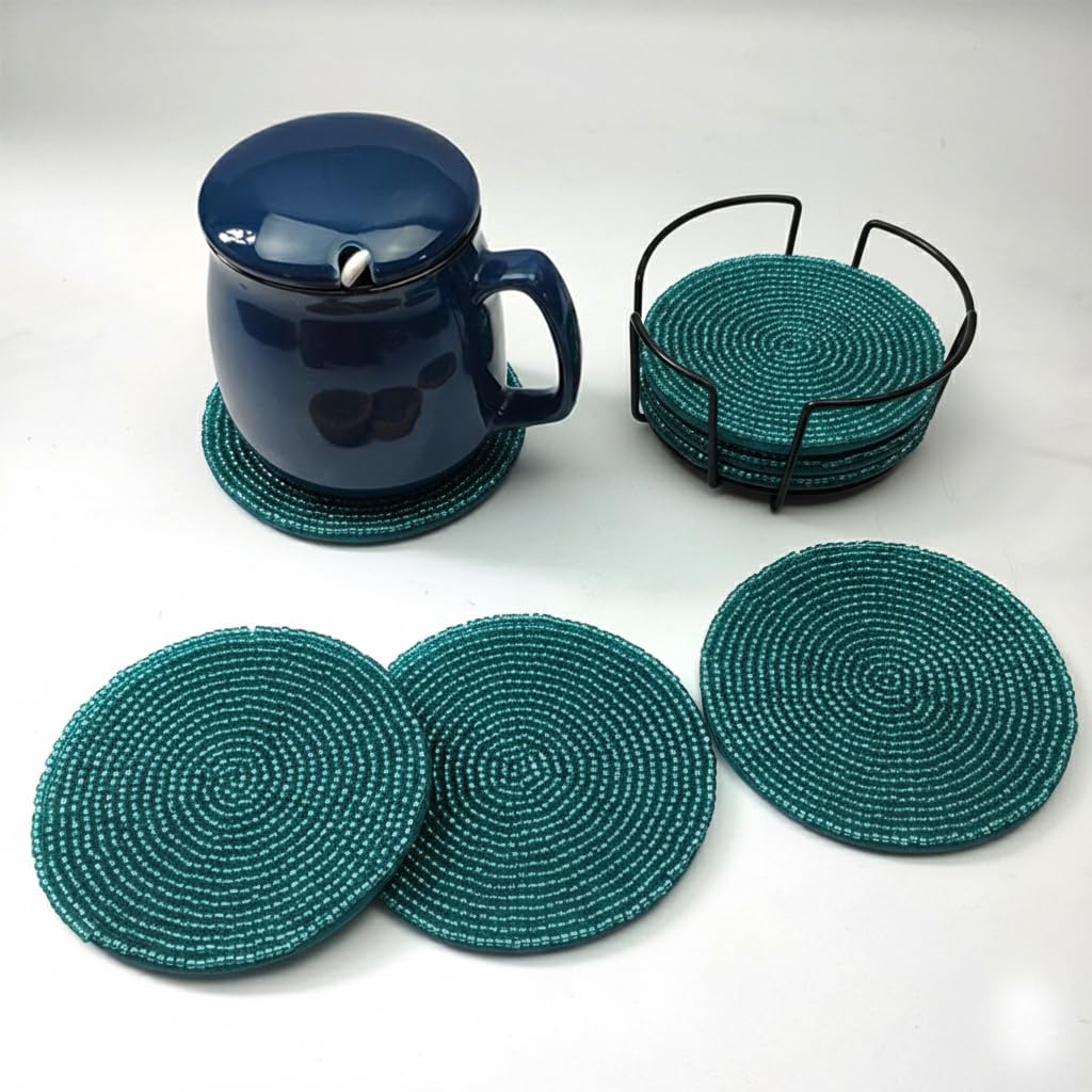 Handmade Beaded Bar Drink Tabletop Protection Coasters - Set of 4 - Halloween Harvest Autumn Fall Thanksgiving Holiday Christmas Xmas Celebration Festive Party 4" Round - Solid Teal