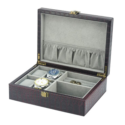 Decorebay Executive PU Crocodile Leather Watch Box, Cufflink, Ring Storage Jewelry Box Organizer for Men (Seal Brown)