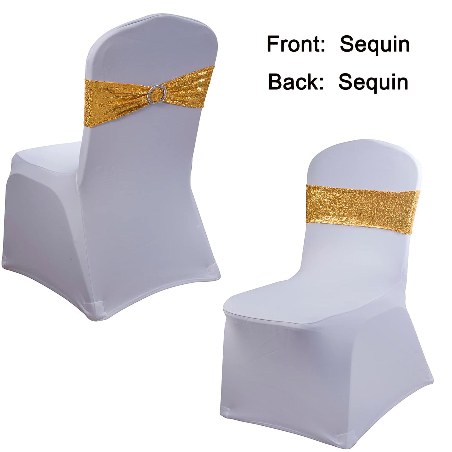WENSINL All Sequin Gold Chair Sashes 100 Pack, Gold Sequin Chair Sashes Bows for Wedding Party Folding Chair Decoration, Golden Chairs Band with Buckles for Fiesta Event Decorations